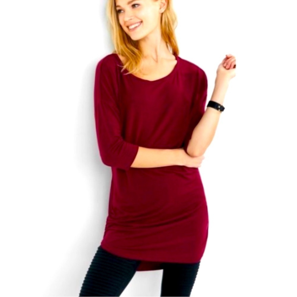 Express | Ruched Side Tunic Fitted Super Soft Quarter Sleeve Shirt